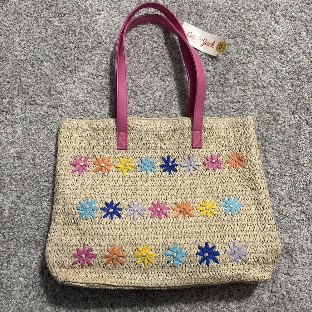 Cat & Jack Paper Straw Flower Embroidery Tote Bag Multicolor